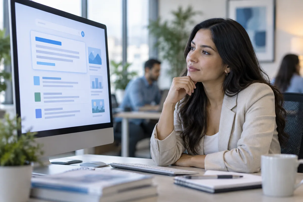 Responsable de marketing mira una página de resultados con un resumen hecho con IA arriba de todo
