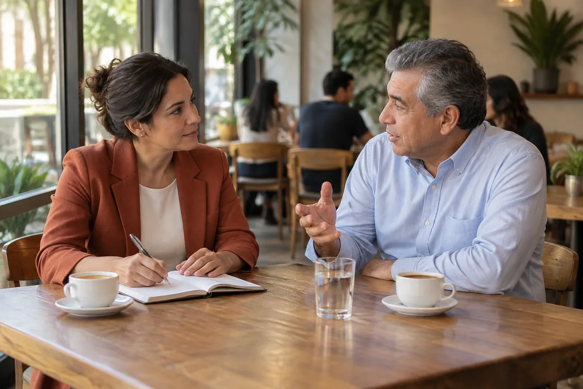 En una cafetería, junto a la ventana, una mujer de blazer terracota toma notas en una libreta mientras escucha a un hombre de camisa celeste y canas que le cuenta algo con un gesto de la mano; sobre la mesa de madera, dos tazas de café y un vaso de agua