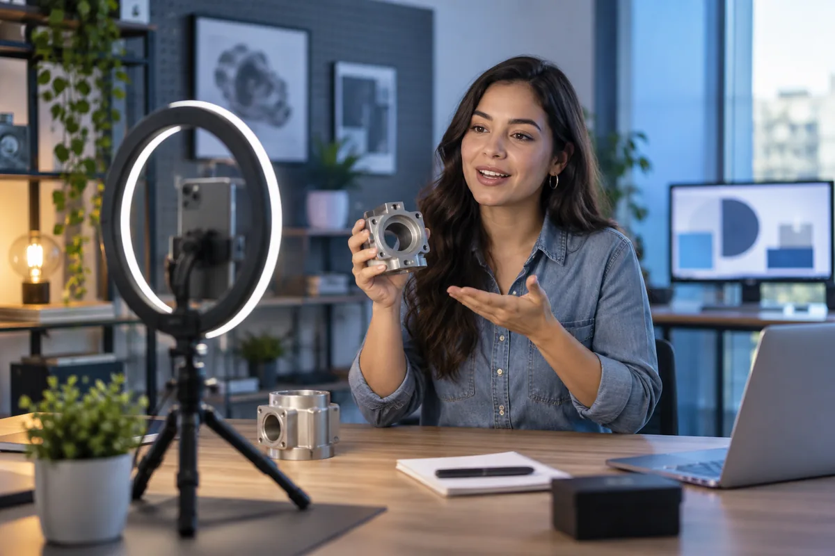 Una persona de marketing graba un video vertical para presentar un producto industrial