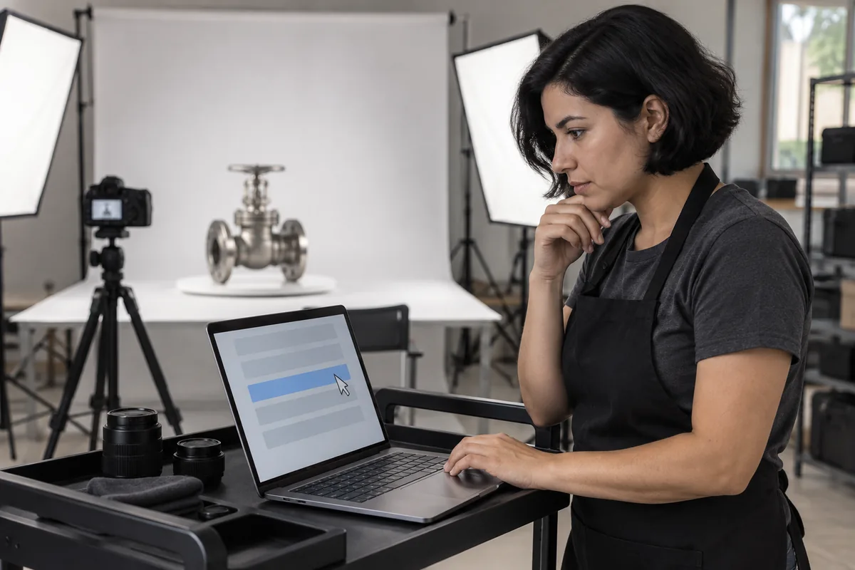 En un estudio de fotografía de producto, una mujer de pelo negro corto, camiseta gris oscuro y delantal negro mira en su laptop una página de resultados de búsqueda hecha de bloques, con uno resaltado en azul bajo el cursor; detrás, una válvula de acero sobre un fondo blanco, entre dos luces de estudio y una cámara en su trípode