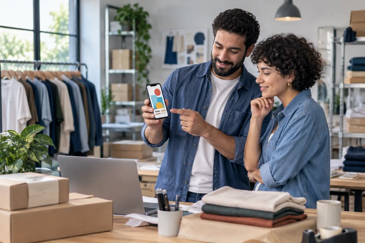 Los dueños de una marca de ropa miran en el celular un anuncio para redes sociales