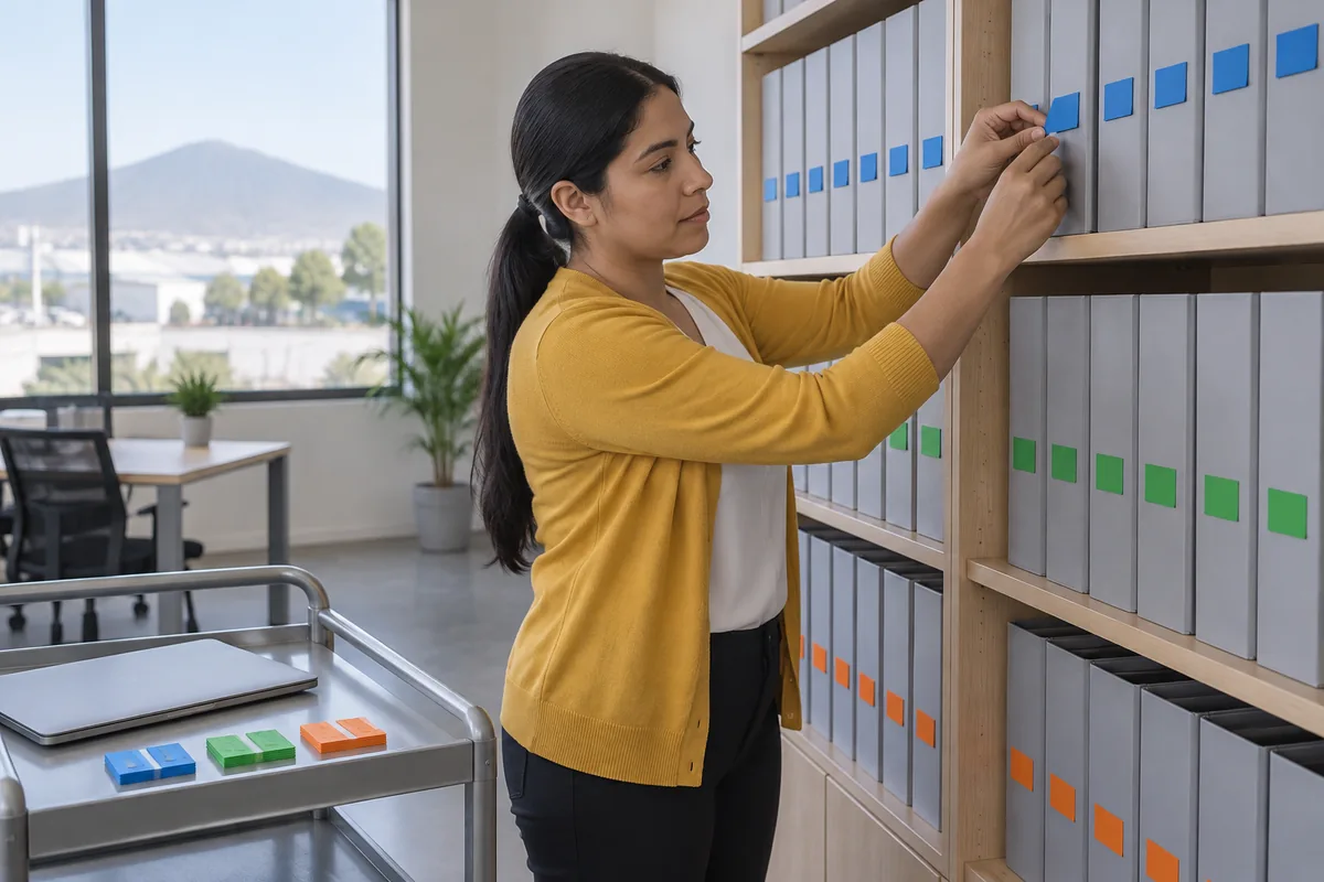 En el archivo de una empresa, una coordinadora pega etiquetas de colores en los lomos de carpetas grises ordenadas en estantes