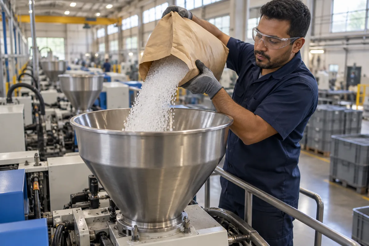 En una planta de plásticos, un operario con lentes de seguridad y guantes vierte gránulos de plástico desde un saco de papel en la tolva de acero de una máquina inyectora, un embudo grande por el que caen los gránulos