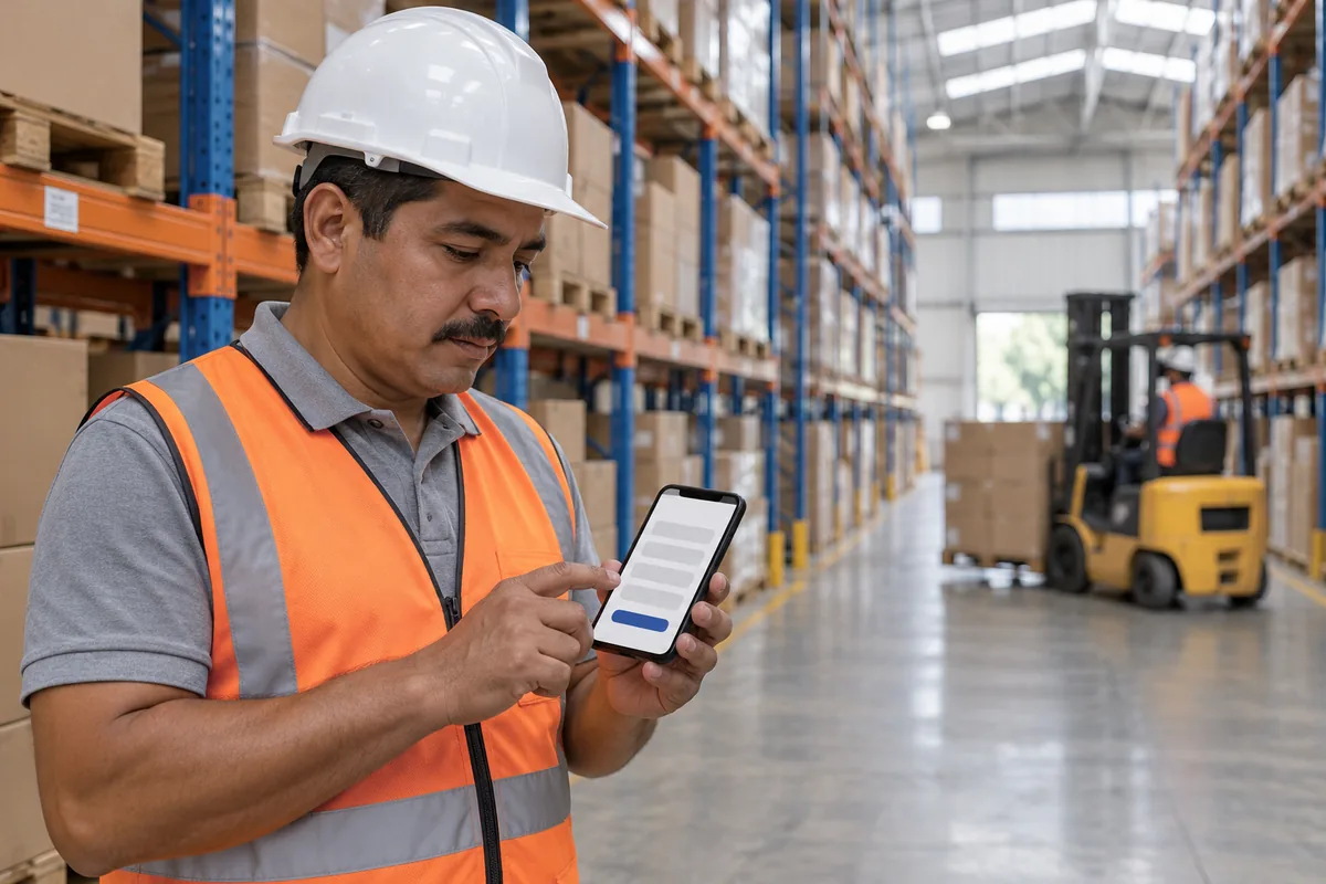En el pasillo de un almacén con racks altos, un jefe de almacén con casco blanco y chaleco naranja completa un formulario en su celular; al fondo, un montacargas mueve una tarima
