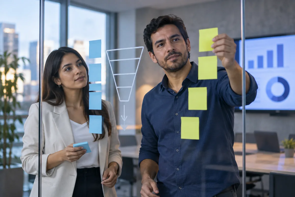 Dos personas del equipo comercial ordenan en una pared de vidrio las consultas que valen la pena
