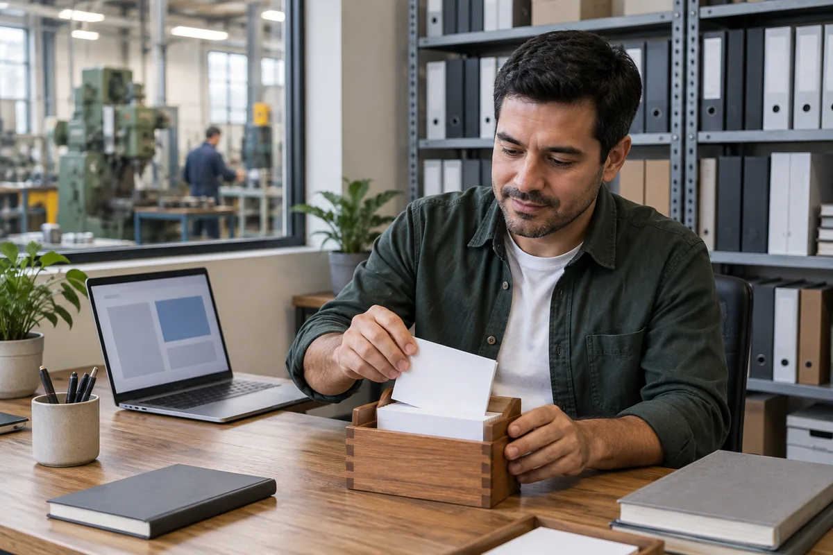 Un coordinador web de una empresa de equipos industriales ordena unas pocas tarjetas en blanco en una cajita de madera, frente a estantes llenos de carpetas; en la pantalla de su laptop solo hay bloques de color