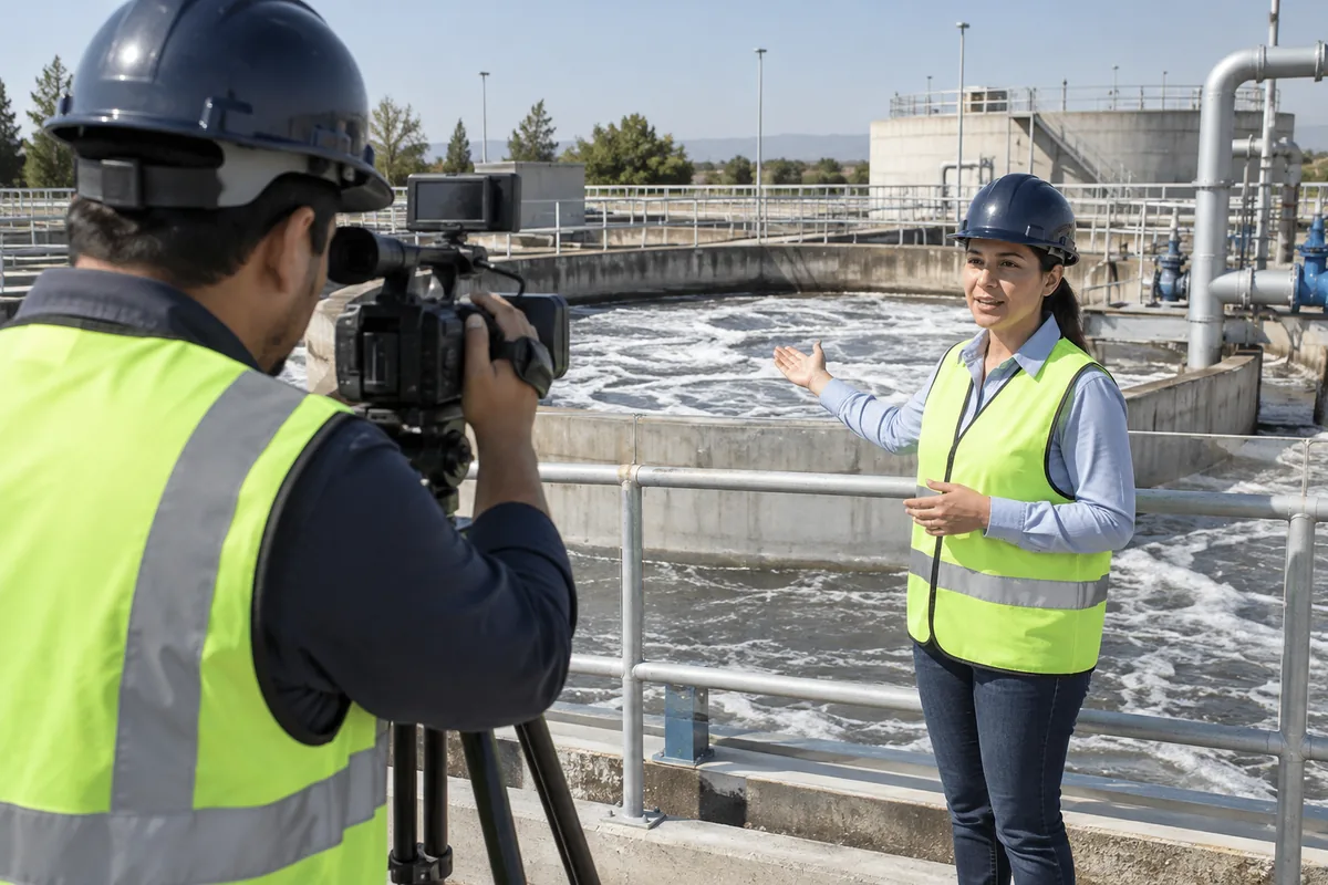 En una planta de tratamiento de aguas residuales, una ingeniera con casco azul y chaleco de seguridad verde señala un tanque de aireación con el agua en movimiento mientras un compañero, también con casco y chaleco, la graba con una cámara de video sobre un trípode
