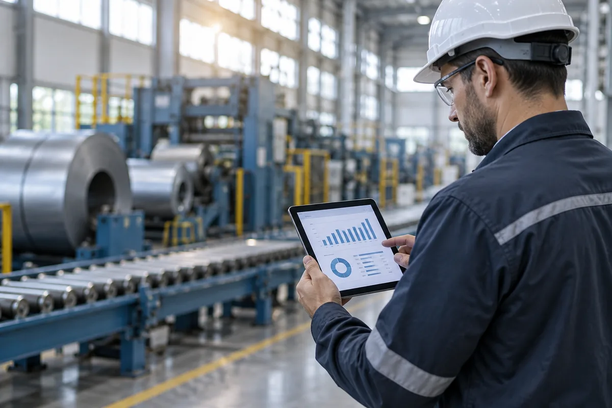 Ingeniero de ventas en una planta industrial revisa en una tablet las consultas que llegan