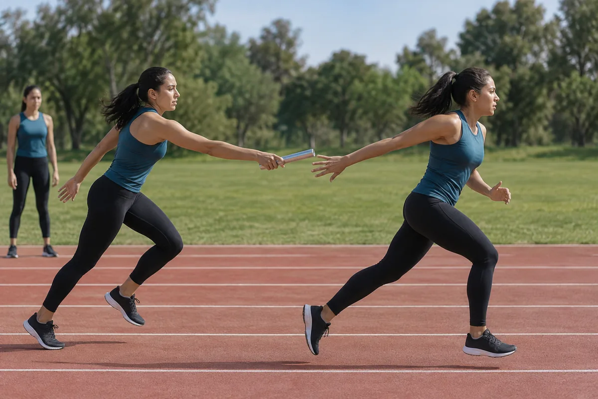 En una pista de atletismo al aire libre, una corredora de camiseta sin mangas azul petróleo estira el brazo para pasarle el testigo plateado a una compañera vestida igual, que ya corre y estira la mano hacia atrás para recibirlo; a la izquierda, una tercera corredora del equipo mira la entrega desde el borde de la pista