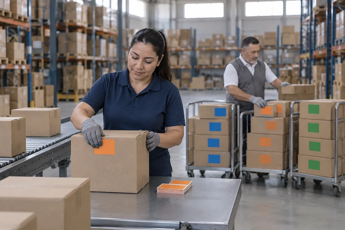 En un centro de distribución, una operadora de camisa tipo polo azul marino y guantes grises pega una etiqueta naranja en blanco sobre una caja de cartón; detrás, un compañero de chaleco gris acomoda cajas en tres carritos, cada uno con las cajas de un solo color de etiqueta: azul, naranja y verde