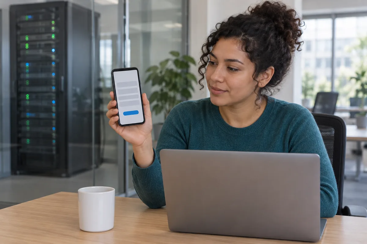 En una oficina con luz natural, una desarrolladora web de pelo rizado recogido y suéter verde azulado mira un celular que sostiene en alto, con un formulario de campos grises en blanco y un botón azul, sentada frente a una laptop; detrás, tras un vidrio, un rack de servidores con luces verdes y azules