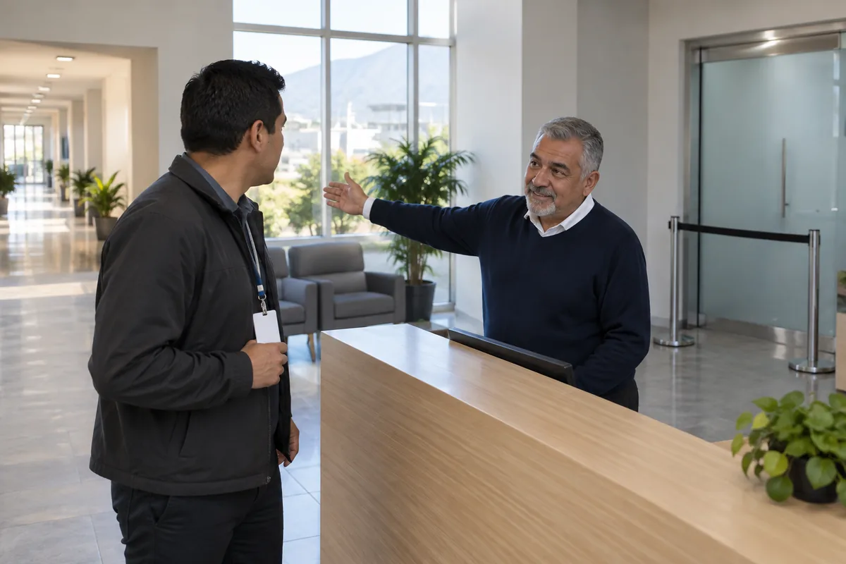 En la recepción de una empresa, el recepcionista le indica a un visitante hacia dónde puede ir, y a un costado una cinta separadora cierra el paso a una puerta de vidrio