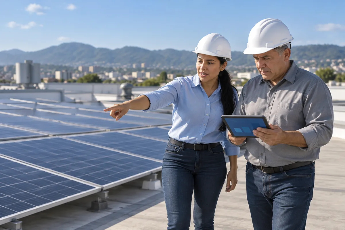 En la azotea de una nave industrial, una asesora comercial de una empresa de energía solar señala los paneles instalados mientras el gerente de planta revisa una tableta; los dos llevan casco blanco y atrás se ven la ciudad y los cerros